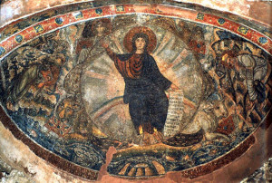 "The Vision of Ezekiel", apse mosaic in Blessed David Chapel, Thessalonica, ca. 425-50. The "Majestas Domini" depicted with the Lord seated upon a rainbow is usually associated with "Last Judgement" themes. (Ezekial 1: 1 - 28: "...and from the appearance of His waist and downward I saw, as it were, the appearance of fire with brightness all around. Like the appearance of a rainbow in a cloud on a rainy day, so was the appearance of the brightness all around it [the mandorla]. This was the appearance of the likeness of the glory of the Lord").  The term "Majestas Domini" comes from Ezekial's last sentence of his description.