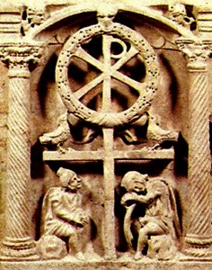 Victory Cross, Rome, Vatican. Sarcophagus of Domatilla (from Catacomb of Domatilla), mid-4th century On top of the cross form is the wreathed chi rho or Christogram. 